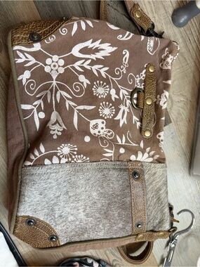 Myra Bag Brown and White Floral Canvas Shoulder Bag with Leather Trim